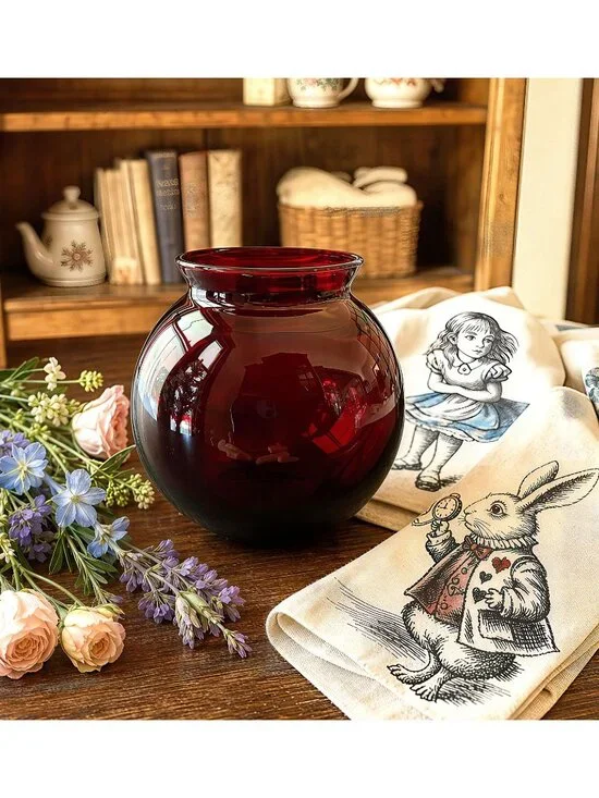 Ruby Red Glass Round Vase Rose Bowl 4