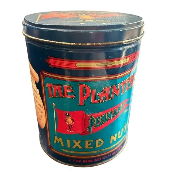 Blue Decorative Tin- Retro Mr. Peanut Planters- 6.75x5