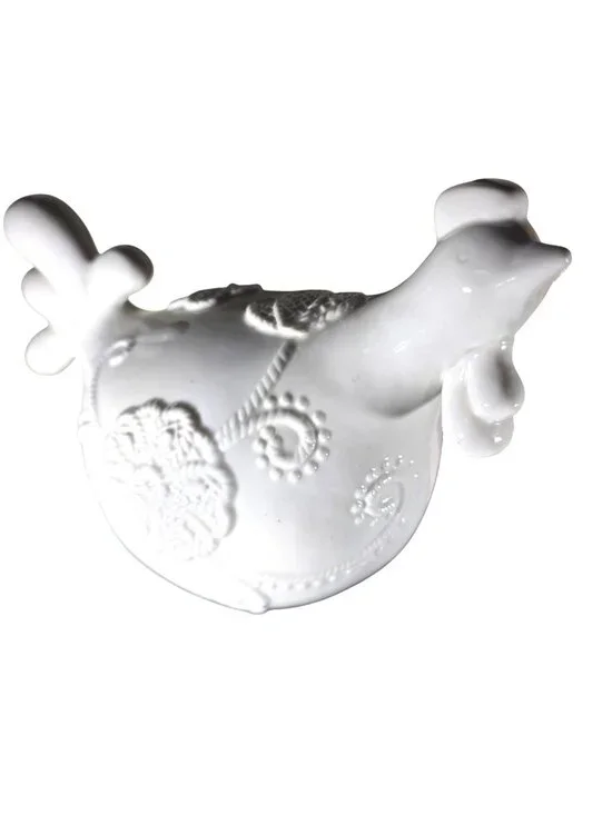 White Ceramic chicken Figurine Floral Apropos bird farmhouse cottagecore kitchen