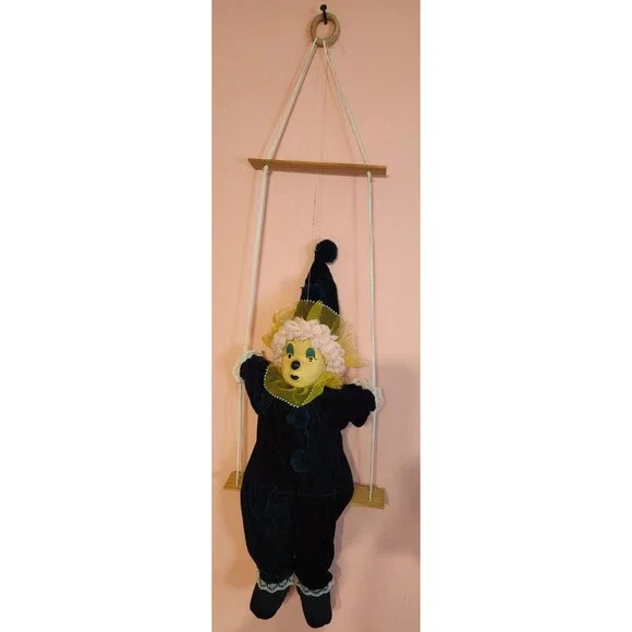 Vintage Clown Doll Sits On Wooden Swing Ceramic Head