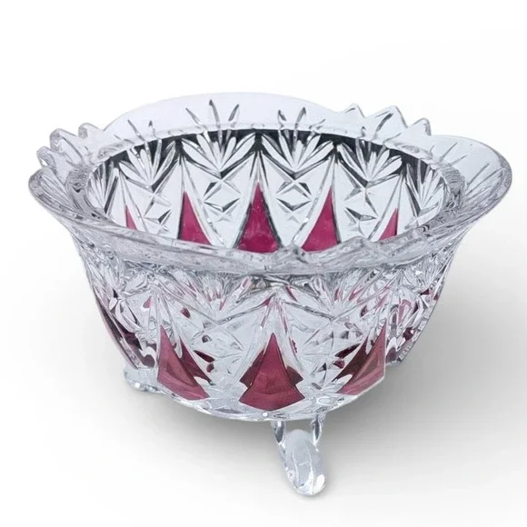 Vintage Cranberry Stained Clear Glass Three Footed Bowl Scalloped‎ Starburst Rim