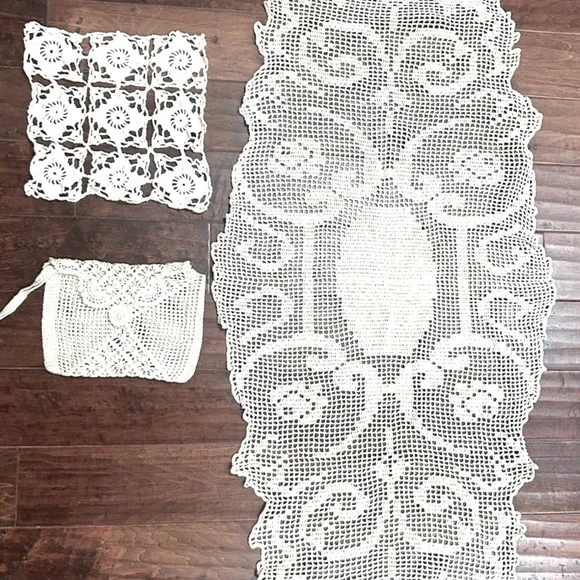 Vintage Crochet Lace Table Linens and Wrist Handbag  Make Up Bag