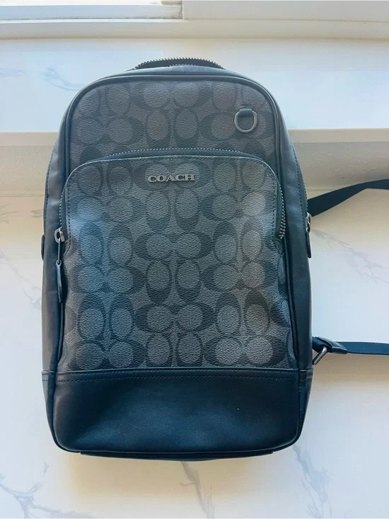 Coach Men's Black Signature Monogram Sling Backpack