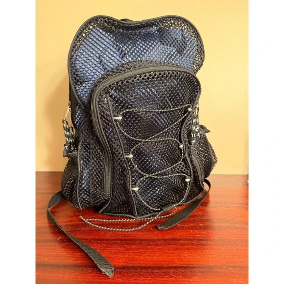 Athletic Works Black Blue Mesh Backpack Bungee Cord Gym Beach Bag
