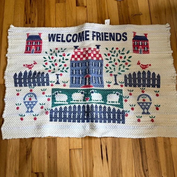 Vintage Welcome Friends Woven Rag Rug Americana Folk Art Sheep House 23x34