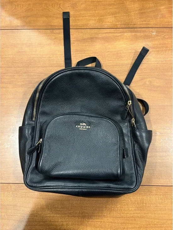 Coach Black Leather Backpack with Gold Zipper Accents
