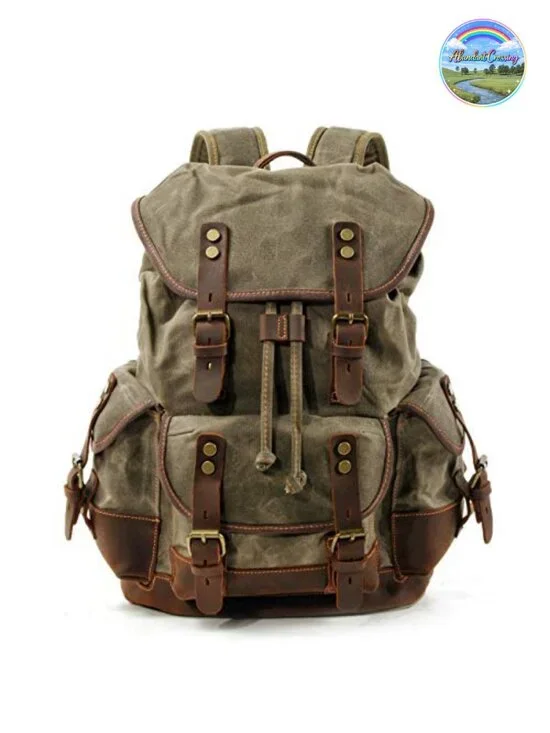 Travel Backpack Genuine Leather Waxed Canvas Laptop Hiking Rucksack