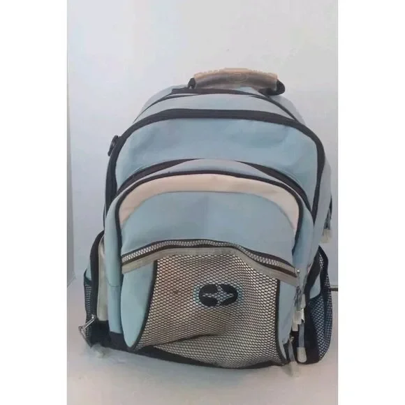 Multi-Pocket Backpack Light Blue Gray Mesh Laptop Bag‎ Multiple Compartments