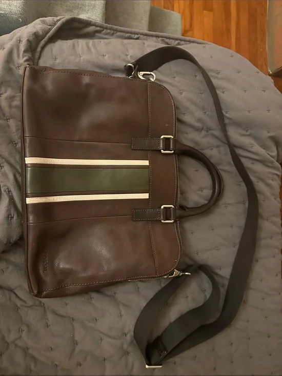 Fossil Brown Leather Briefcase with Green and Cream Center Stripe
