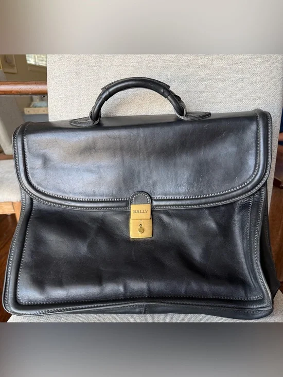 Vintage Bally Italy Black Leather Briefcase Attaché Brass Lock & Original Key
