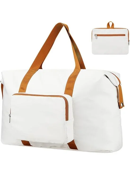 Spacious 60L Travel Duffel Bag - Foldable Large Tote for Carry-On, White/Brown