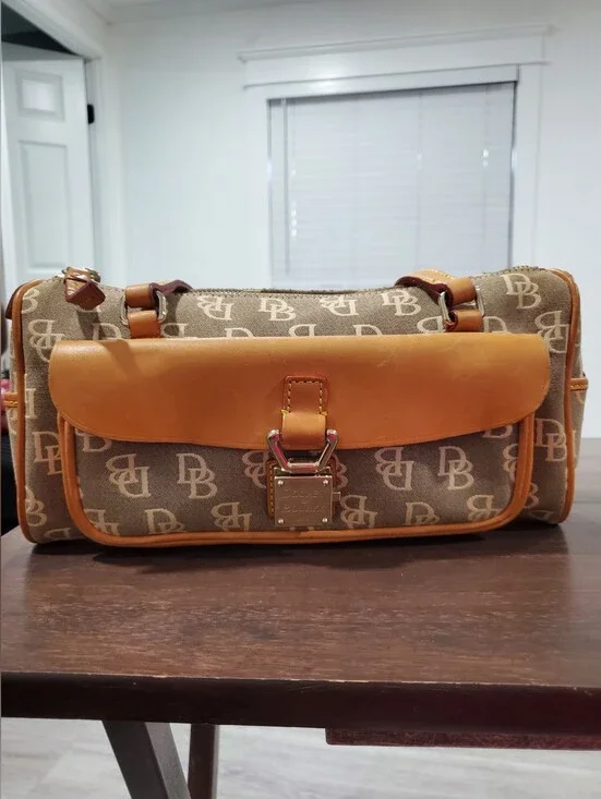 Dooney & Bourke Tan Logo Canvas Duffel with Leather Trim