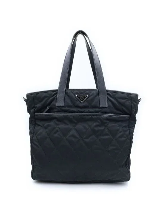Prada Triangle Logo Quilted Tote Bag Leather Nylon Silver