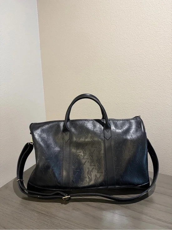 Saint Laurent YSL Black Embossed Leather Duffel Bag