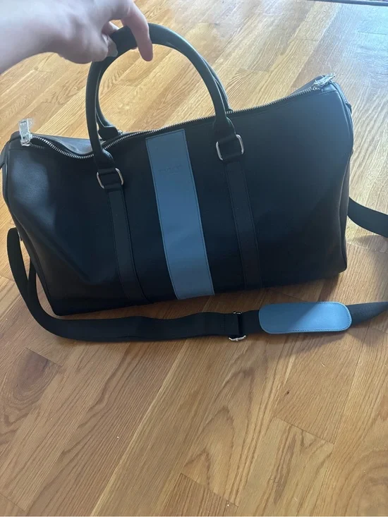 Rylor Black and Light Blue Heritage Stripe Weekender Leather Duffel Bag Unisex
