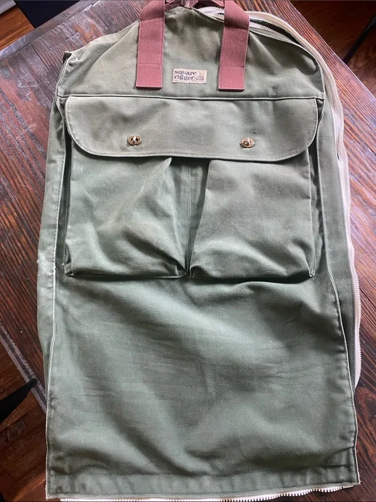 Vintage Lands End Deluxe Square Rigger Olive Canvas Garment Bag Heavy Duty