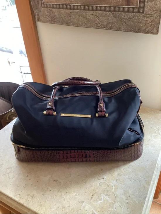Brahmin Black Duffel with Brown Croc-Texture Trim
