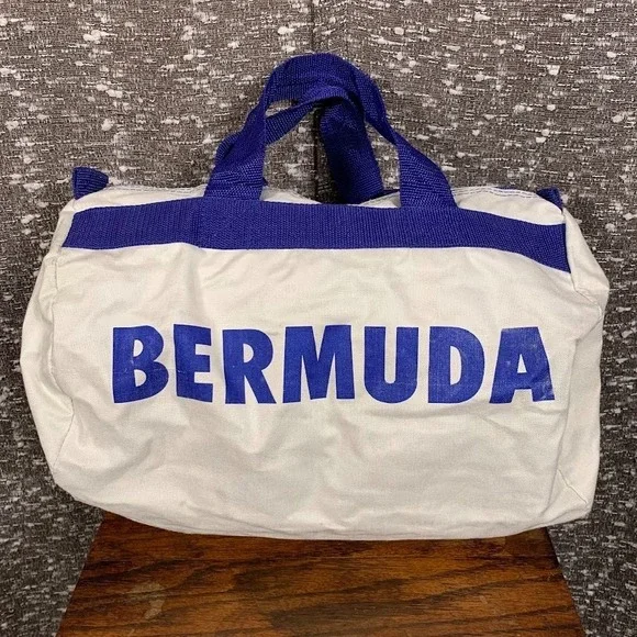 Vintage Bermuda Canvas Duffle Travel Bag Blue/White Double Handle‎