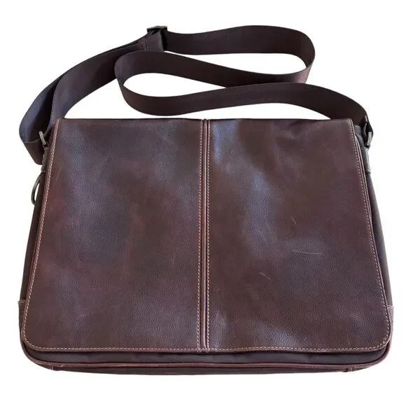 Boconi Brown Leather Laptop Bag w/RFID Pocket