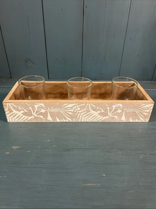 Wooden Decorative Tray with Three Glass Holders - Natural Candle Holder