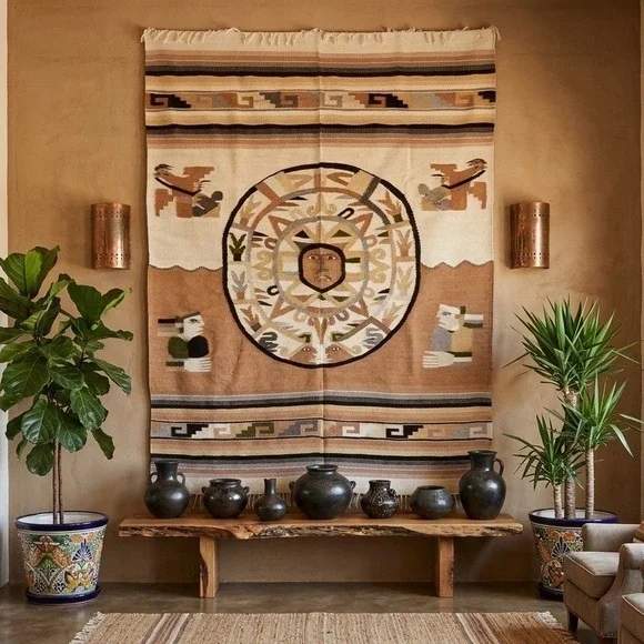 Mexican‎ Woven Tapestry Rug Sun God Motif 56