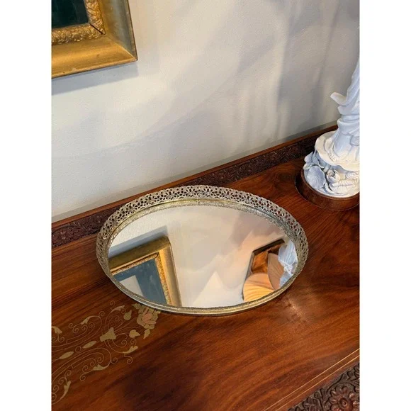 Vintage Oval Mirrored Vanity‎ Tray with Brass Tone Filigree Gallery Rim