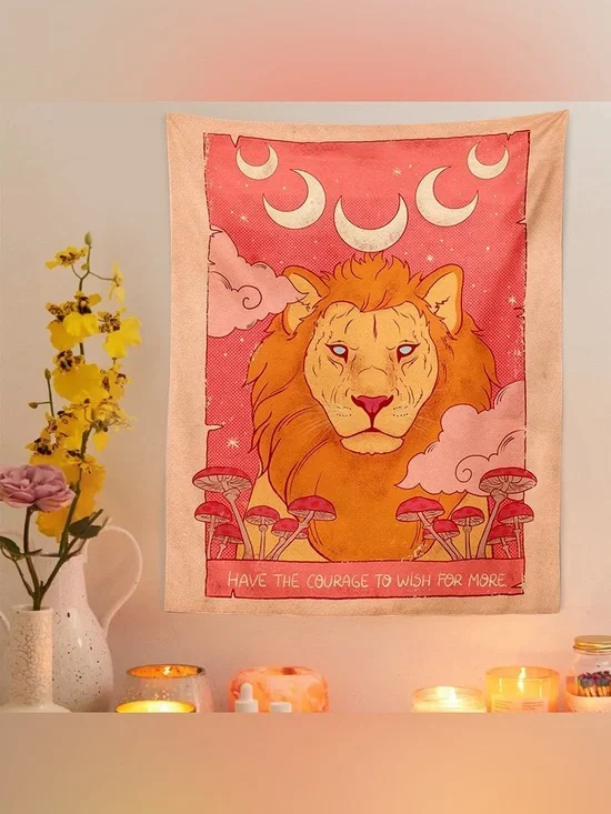 Vintage Graphic Lion Moon Wall Decor Tapestry