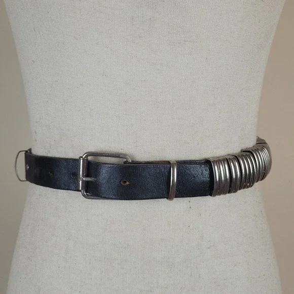 Black Leather Belt Sml Metal Rings Punk Goth Biker Grunge Industrial Cyber Y2K