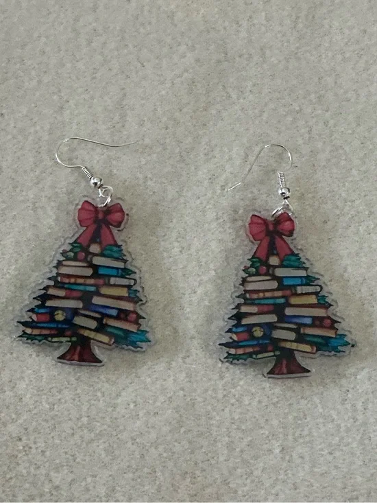 Book Stack Christmas Tree Earrings - Red Bow