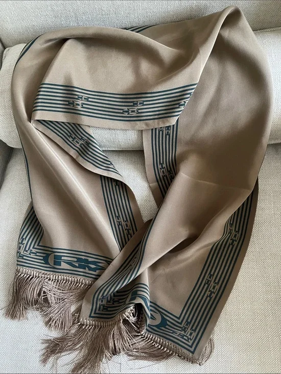 Vintage 100% Silk Dkny tan taupe double sided scarf with Fringe