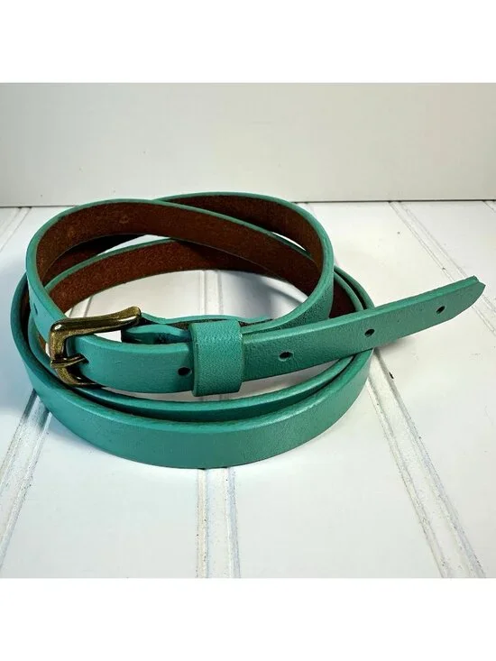 Women's Teal Skinny Belt 38” Solid Adjustable Brass Metal Buckle Retro Mod Y2K