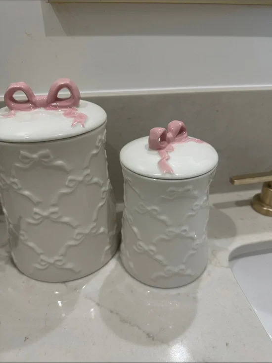 Room essentials White Ceramic Bath Canister with Pink Bow Lid x 2