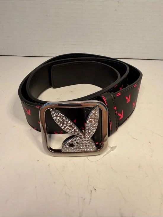 New Playboy Black and Pink Rhinestone Bunny Buckle Belt 37 inches
