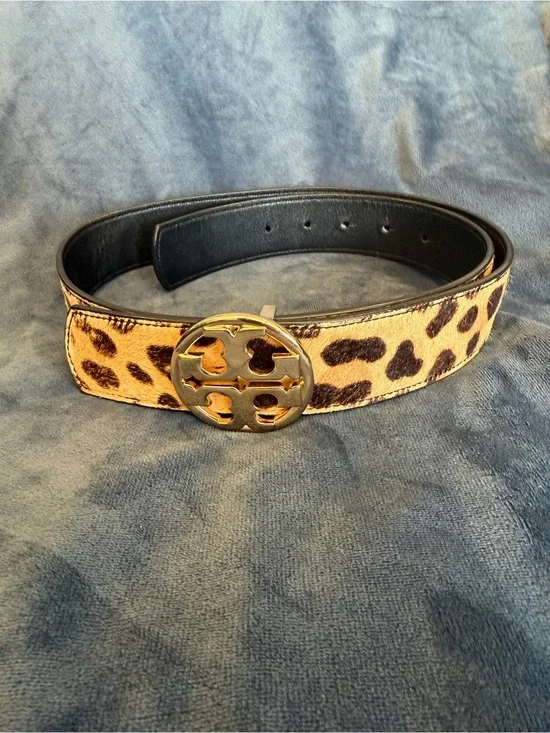 Tory Burch Leopard Print and Black reversible Logo Belt, Gold Hardware