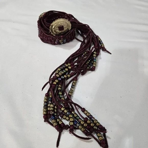 Vintage Burgundy Suede Concho Tie Belt Beaded Fringe Boho Western 60