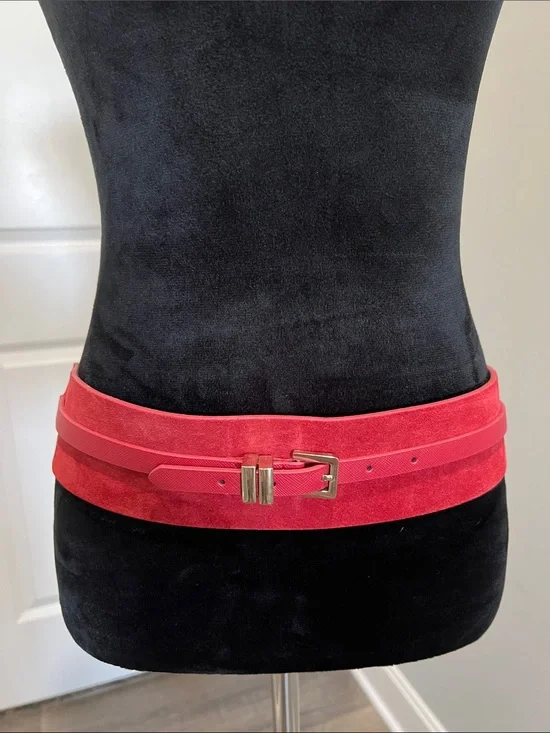 White House Black Market Red Suede Wide Waist Belt with Gold Buckle