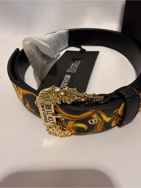 Versace Jeans Collection Black & Gold Baroque Buckle Belt with Orange Accents