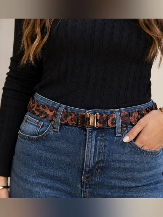 Leopard Print Elastic Women's Belt Black Copper Sheen Faux Hair Gold Tone Clasp
