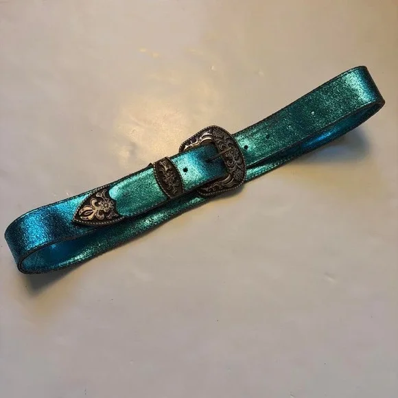 Free People Teal Shimmer Leather Western Belt Mermaidcore Blue S/M