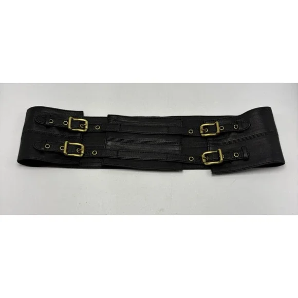 Statement Belt Womens Medium Wide Black Leather Waist Cinch Buckle Designer