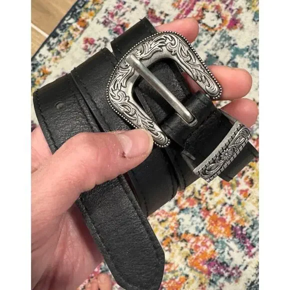 Leather Belt Silver Western Buckle Rodeo Cowgirl Boho Bohemian 35