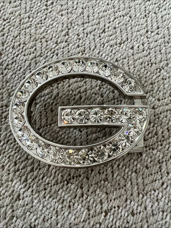 Crystal-Embellished 'G' Belt Buckle - Silver Clear Rhinestones