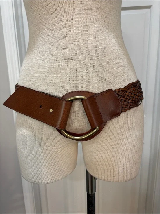 Brown genuine bonded leather wide boho braided belt sz M
