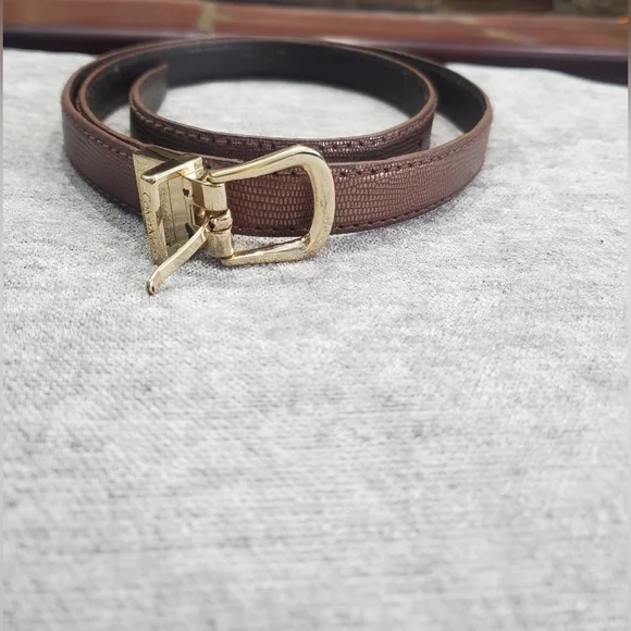 CALVIN KLEIN FANCY BROWN LEATHER THIN PANTS BELT GOLD‎ METAL SQUARE BUCKLE SZ L.