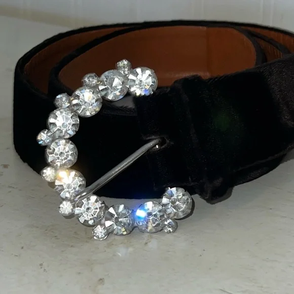Vintage Calderon black velvet & crystal embellished buckle belt 31” - 34”