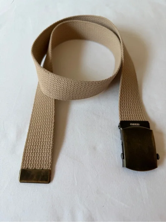 Vintage Khaki Colored Canvas Belt With Metal Slider Buckle Women’s Size Small