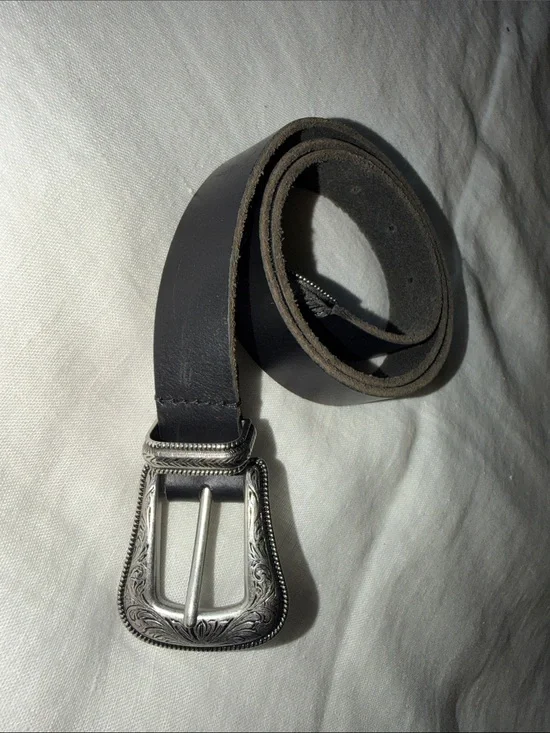 Women’s Black Leather Belt with Ornate Silver Buckle Western Style