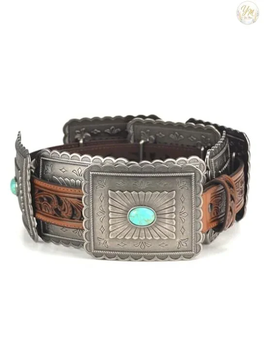 Western Leather Belt with Turquoise Stone Accents