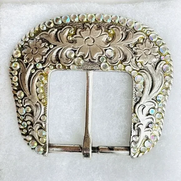 Western Belt Buckle Iridescent Aurora Borealis Rhinestones Y2K 90s Vintage Rodeo