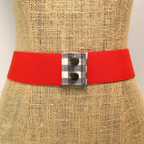 Vintage 70s Waist Belt Women 8 M Red Stretch Black White Check Snap